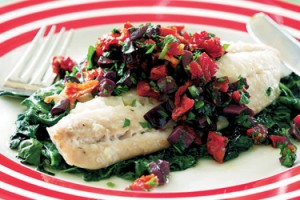 Baked Fish with Spinach, Olives and Macadamias